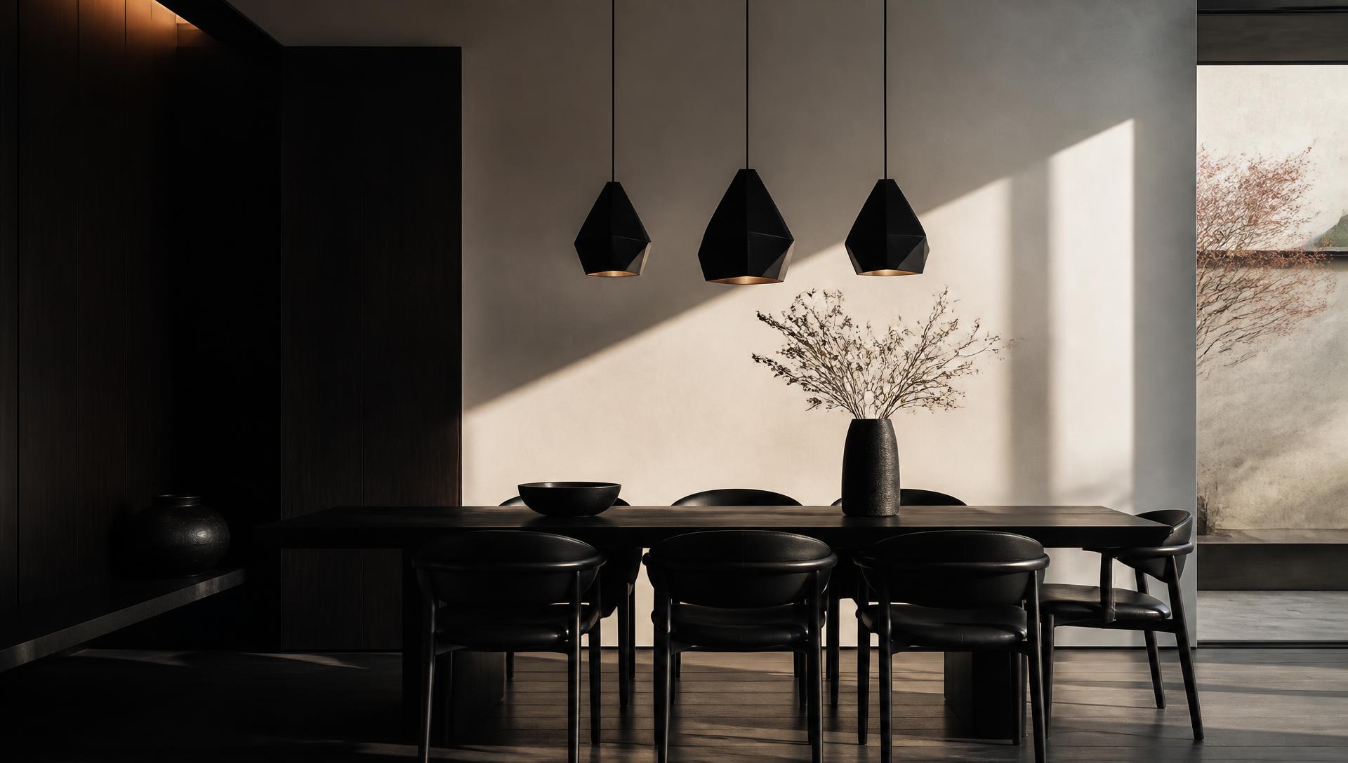 Interno elegante con tavolo e lampade a sospensione